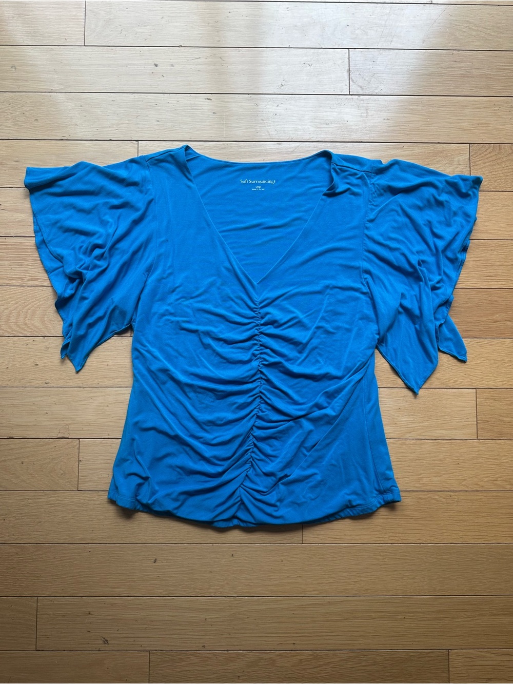 Soft SRuched V-Neck Flutter Sleeve Top - Blue